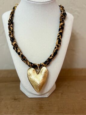 Chunky Gold Heart Pendant Necklace with Braided Leopard Bandana Cord